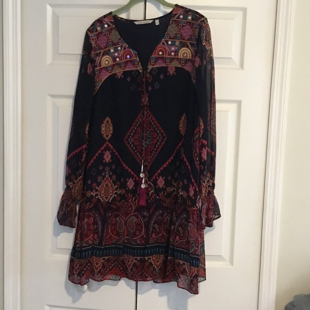 LOFT Black and Pink Patterned Long Sleeve Dress